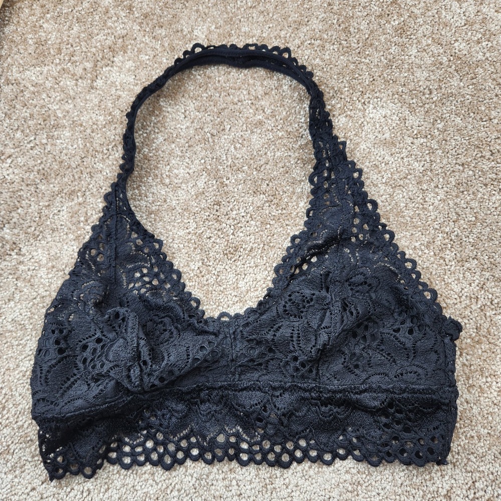 Aerie Black Floral Lace Halter Bralette Scalloped Trim Womens Size Medium
